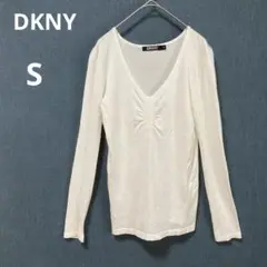 DKNY ダナキャラン S 薄手　ニット Vネック フロントギャザー 長袖　白