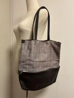 ikka トートバッグ　チェック　ブラウン