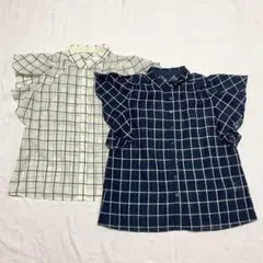 ☆【アールユー】2枚セット ブラウス フルボタン チェック柄 袖フレア 綿混 Ｍ