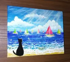 ヨットと猫　アクリル画　原画　サイズF0号