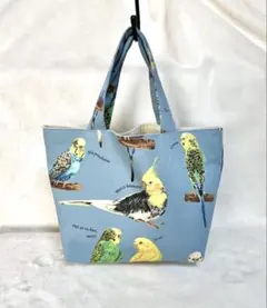 ハンドメイドトートバッグ　インコさん(ブルー)