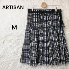 ARTISAN チェック柄 サイドリボン タックフレアスカート 黒青白 M
