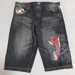 【L】豊天商店 鯉刺繍 ハーフデニムパンツ 和柄 黒