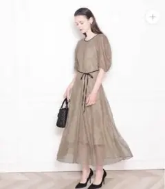 【LEJA】パフスリーブウエストリボン総レースロングドレスワンピース