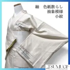 小紋　紬　色紙散らし　幾何学　抽象模様　アイボリー　着物　021a d