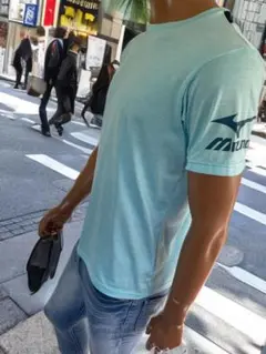 MIZUNO ミズノ Tシャツ メンズM ペールブルー×ネイビー 状態良好！