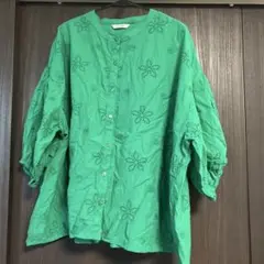 ESSEME グリーン刺繍五分袖シャツXＬ