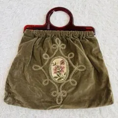 ベロア ハンドバッグ アンティーク調 刺繍 がま口 レトロ（739）