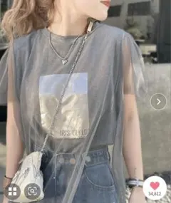 【mily bilet】チュール重ね着レイヤード風シルバー箔プリントTシャツ