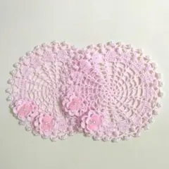 ミニドイリー2枚セット(立体的お花)ビーズリボン(ピンク)(ブルー)