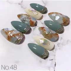 雫型 くすみターコイズ ニュアンスネイルチップ 48 ☆現品☆