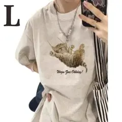 Tシャツ レディーストップス 杢グレー L 半袖 【値下げ】猫 韓国