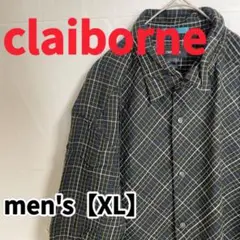 Y421【claiborne】細カラーチェック柄長袖シャツ【XL】ブラック