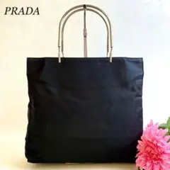 美品✨プラダ ハンドバッグ シルバーハンドル 三角ロゴプレート ブラック