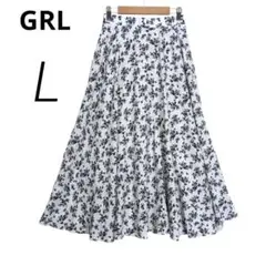 c4298【GRL グレイル】ロングフレアスカート L 白黒 花柄 ウエストゴム
