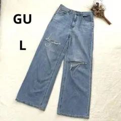 ジーユー　GU ハイウエストセミワイドジーンズ ジーンズ　ダメージ　ブルー　L