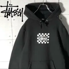 【レアモデル】ステューシー⭐︎フラッグロゴ プルオーバーパーカー市松模様ブラック