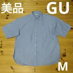 ＧＵジーユー◆イージーケアオーバーサイズシャツ5分袖ストライプ◆メンズMブルー青