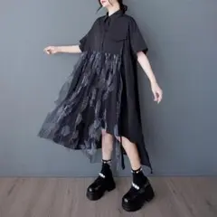 大きいサイズ アシメ　ワンピース　レディース 春夏　 シャツ　新品 半袖　膝丈