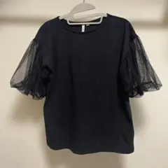 チュールスリーブ 黒 半袖トップス