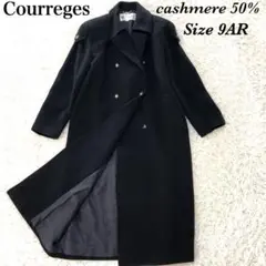 【美品】クレージュ カシミア50% ロングコート裏地ロゴ総柄 黒 サイズM