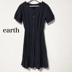 【美品】earth アース ネイビー 半袖 プリーツ ワンピース