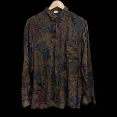 長袖シャツ 総柄 柄シャツ XL ネイビー系 US古着