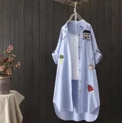 刺繍入りデザイン ロングシャツワンピース（ライトブルー）