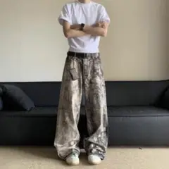 ウォッシュドデニム M ワイドパンツ スプラッシュドデニム ジーンズ 地底人似