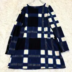 n6288 美品✨チェック柄長袖チュニック 総柄 ロング丈 M 体型カバー 青