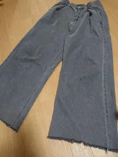 サイズ調整可 ライトグレー ワイドレッグデニム パンツ