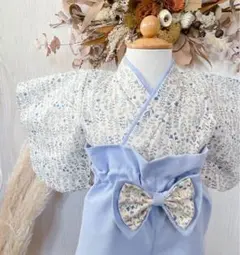 ベビー袴 青色 花柄