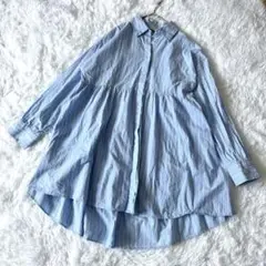 ZARA ザラ 青と白のストライプ ロングシャツ ティアード コットン S