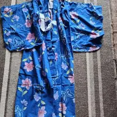 青色花柄着物 7～8歳