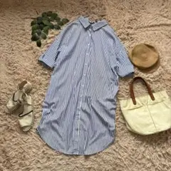 6054❃ナチュアンドダイアリー❃ロングシャツワンピース/ストライプ/リボン/F
