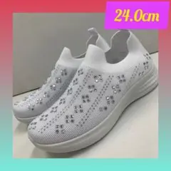 24.0cm レディース 新品 幅広 ビジュー装飾スリッポン スニーカー 白