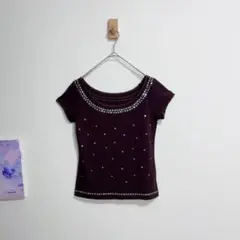 J&R 半袖 Tシャツ スパンコール トップスボートネック　茶色