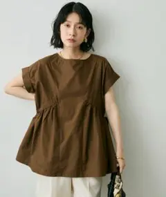 【美品】shelly island ブラウン 半袖チュニック ウエストギャザー