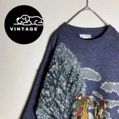 【ニット　刺繍デザイン　馬　動物　レトロ　冬　イタリア製　紺　古着】