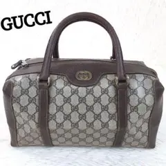 【美品】グッチ ハンドバッグ ミニボストン 金具ロゴ GGスプリーム ブラウン