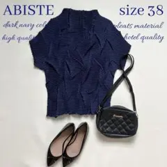 ◆未使用◆ABISTE◆プリーツ半袖ブラウス◆ダークネイビー濃紺◆ストレッチ◆M