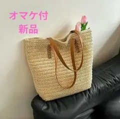 ブローチ付【新品】ベージュ　ストロー　かご　トートバッグ