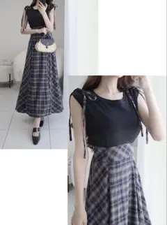 2Wayショルダーリボンチェック柄ドッキングワンピース[pu61]