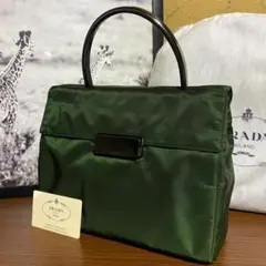 美品 プラダ ハンドバッグ ロゴ刻印 ナイロン カーキ フラップ ビンテージ