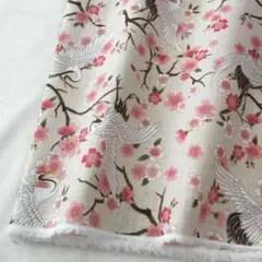 (1点限定) 綿100%国産プリント/グレー系オフホワイト/鶴/2m