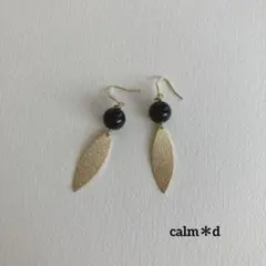 【221】天然石 オニキス リーフ ゴールド ピアス イヤリング ハンドメイド