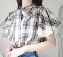 チェックフリルボウタイブラウス mily bilet フレンチガーリー リボン