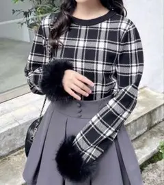 INGNI チェック柄ファー付きニット ガーリー