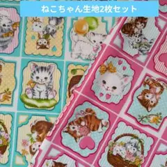 ねこ柄パネル生地　ピンク、水色2枚セット　ハンドメイド　コラージュ【送料込み】