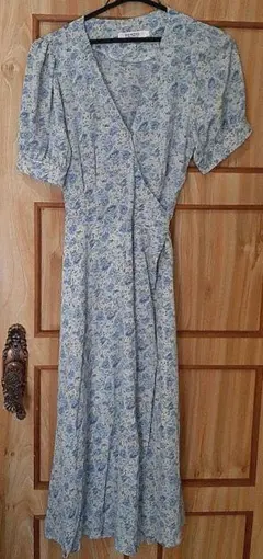 青系花柄 半袖ロングワンピースL